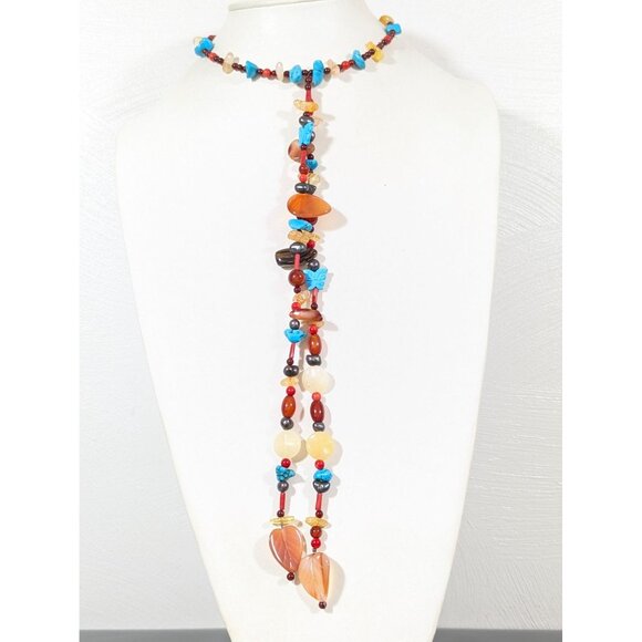 Artisan Faux Turquoise Stone Agte Quartz Long Tassel Flex Choker Necklace Boho W - Picture 1 of 10